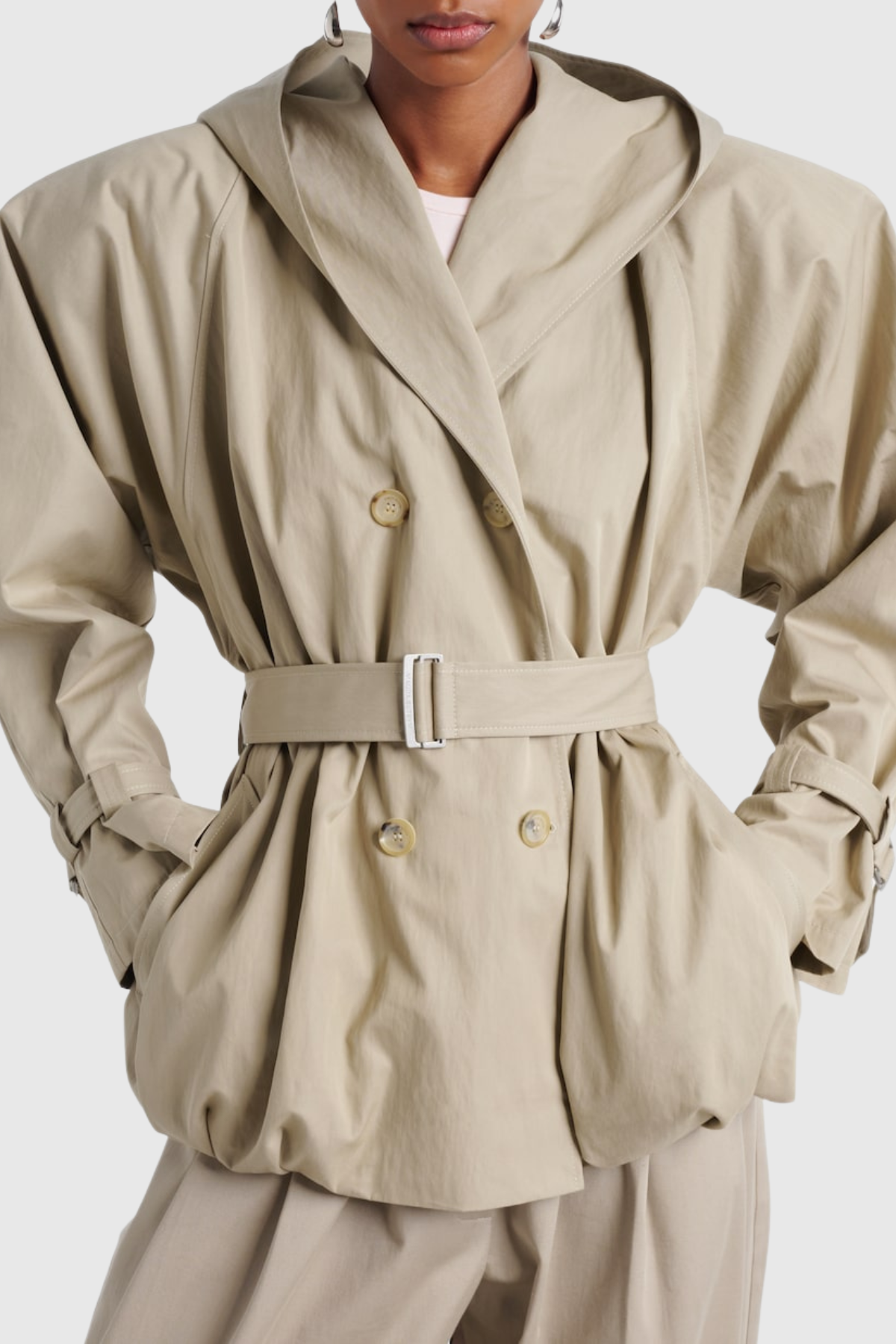 Ilsafa Hooded Bubble Belted Jacket - Khaki
