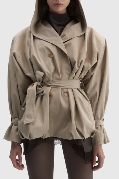Ilsafa Hooded Bubble Belted Jacket - Khaki