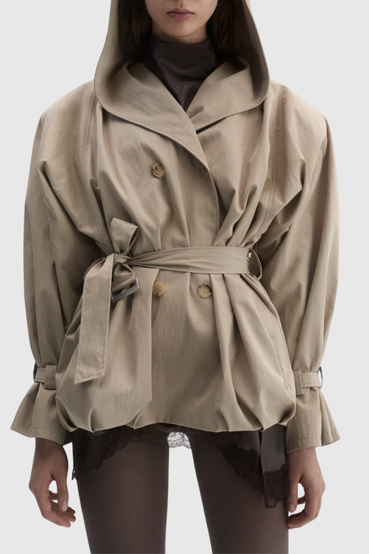 Ilsafa Hooded Bubble Belted Jacket - Khaki