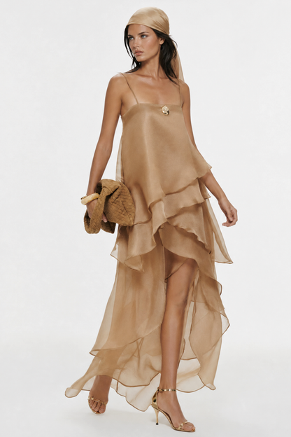 Isabeau Asymmetric Layer Maxi Dress - Khaki