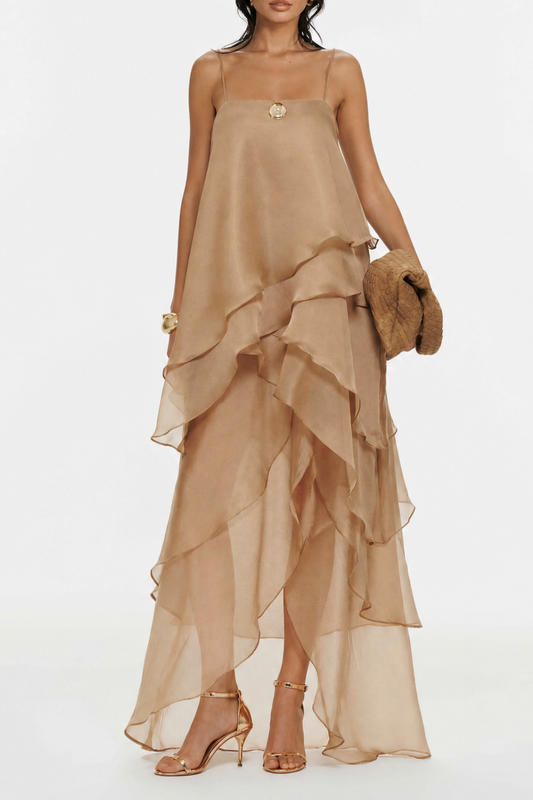 Isabeau Asymmetric Layer Maxi Dress - Khaki