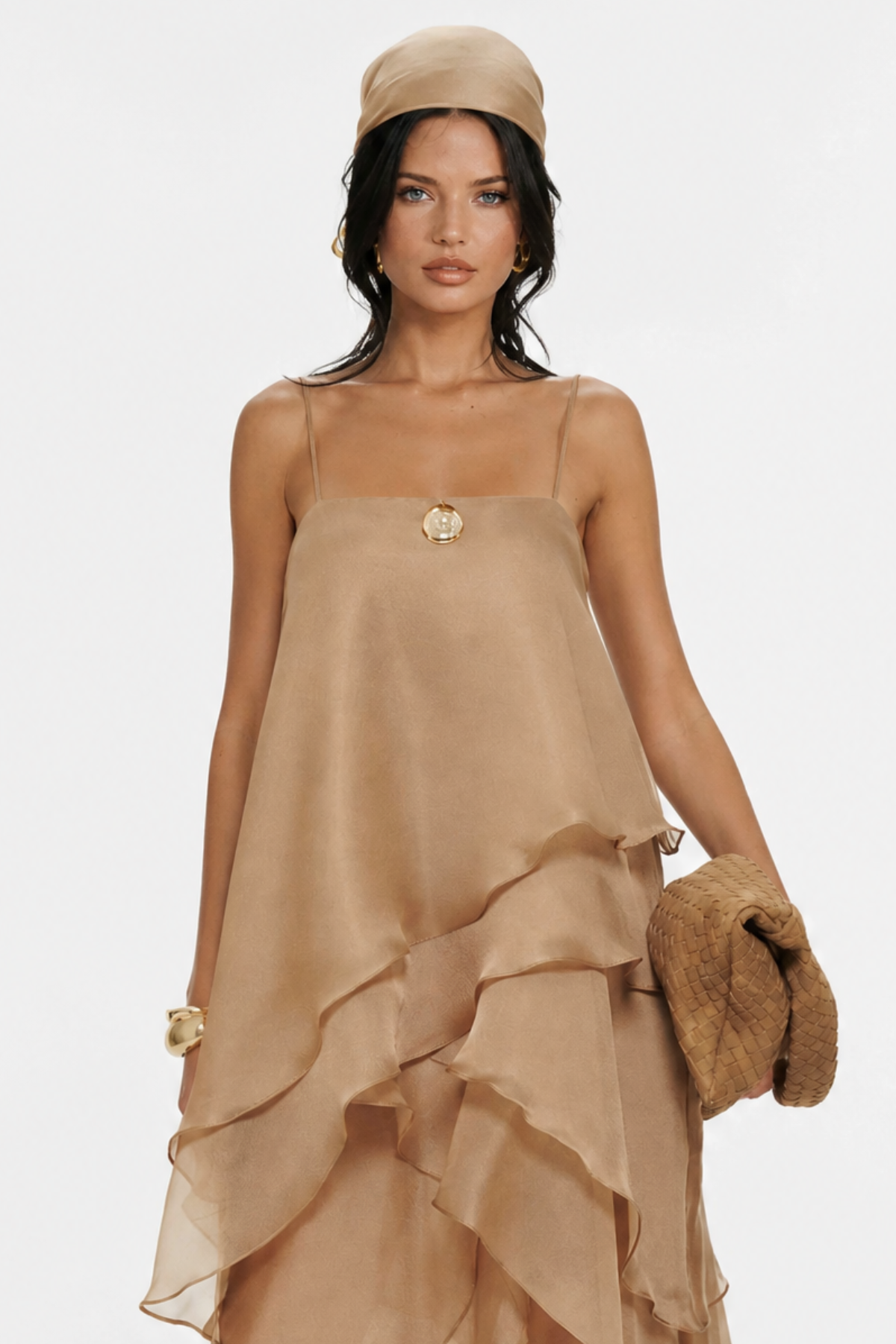 Isabeau Asymmetric Layer Maxi Dress - Khaki