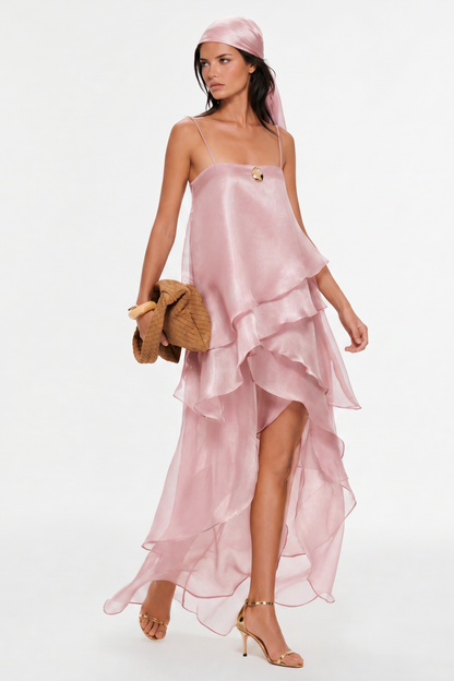 Isabeau Asymmetric Layer Maxi Dress - Pink