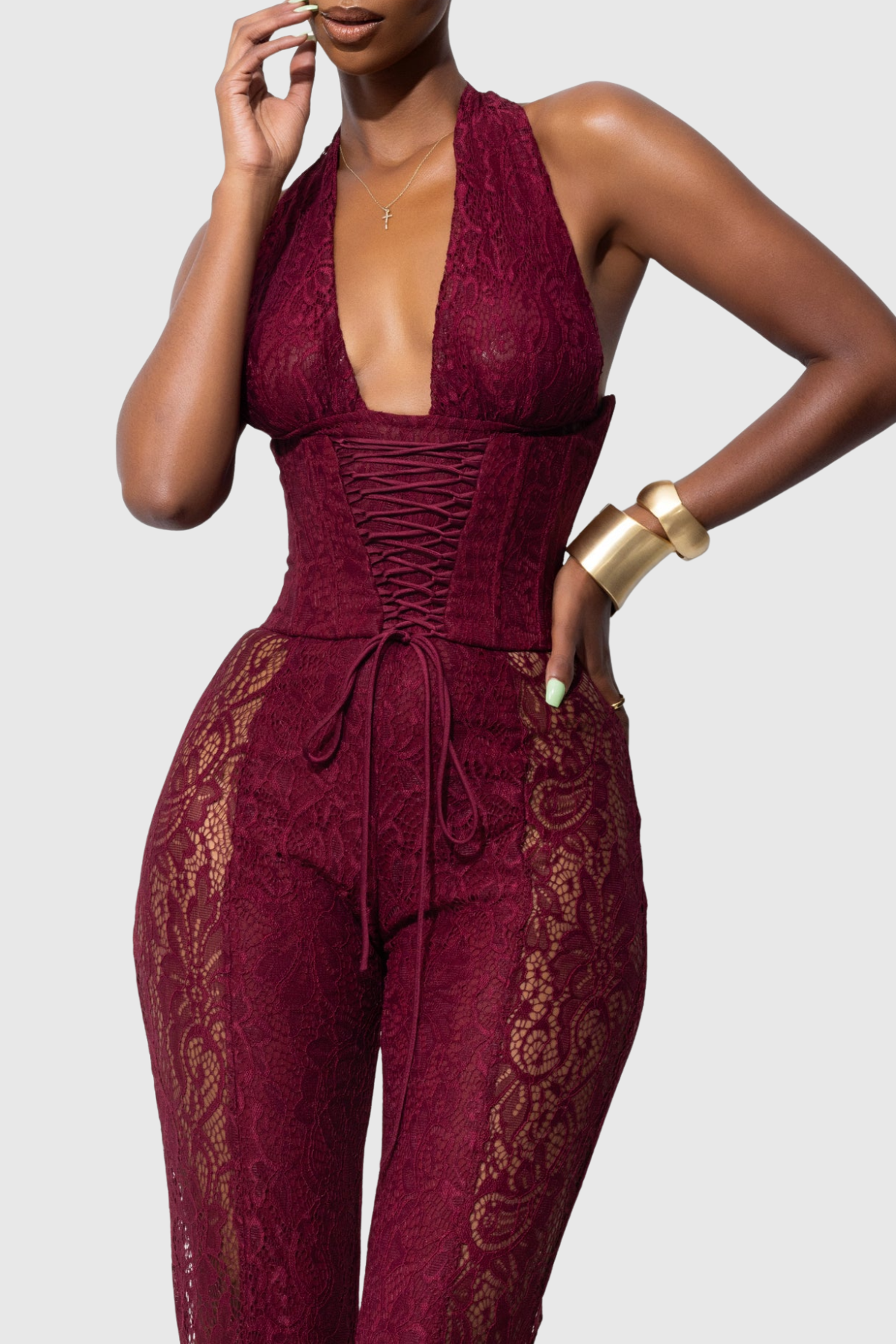 Isaias Lace Corset Jumpsuit - Red