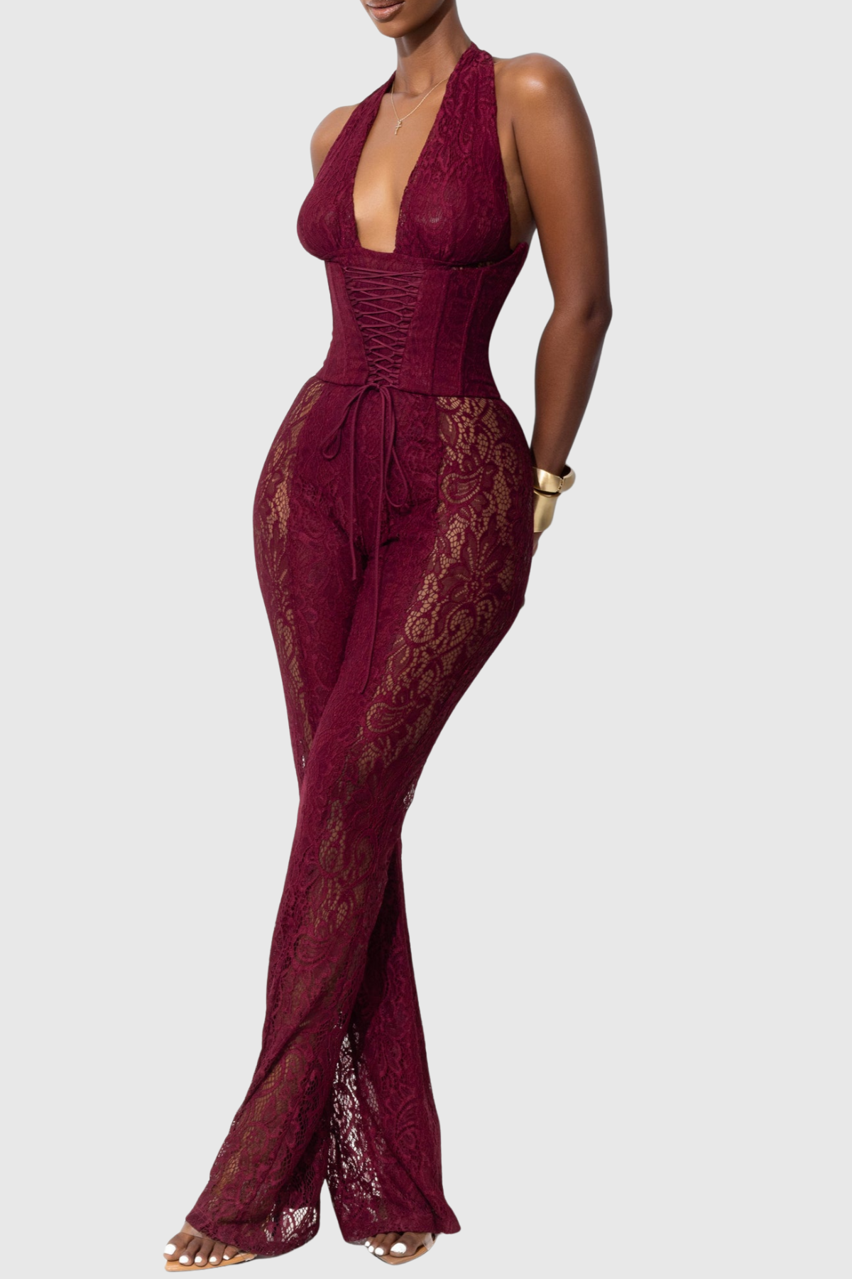 Isaias Lace Corset Jumpsuit - Red