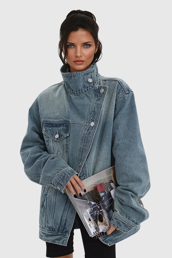 Ishia Asymmetric Deconstruct Denim Jacket - Blue