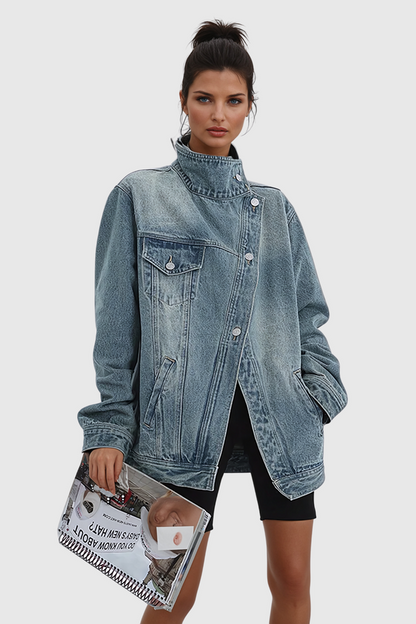 Ishia Asymmetric Deconstruct Denim Jacket - Blue