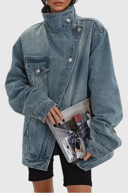 Ishia Asymmetric Deconstruct Denim Jacket - Blue