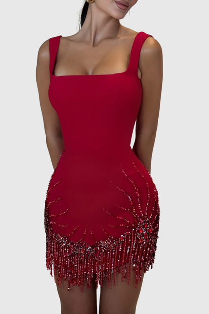 Issa Crystal Bead Embellished Mini Bandage Dress - Red