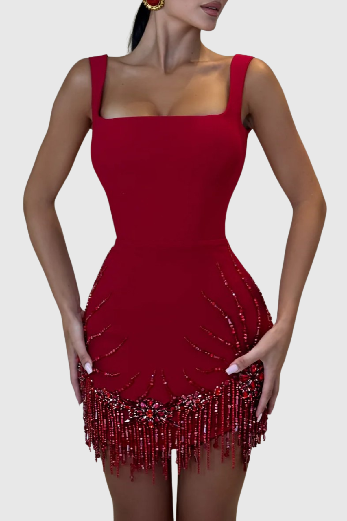 Issa Crystal Bead Embellished Mini Bandage Dress - Red