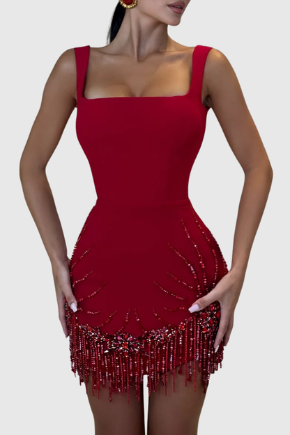 Issa Crystal Bead Embellished Mini Bandage Dress - Red