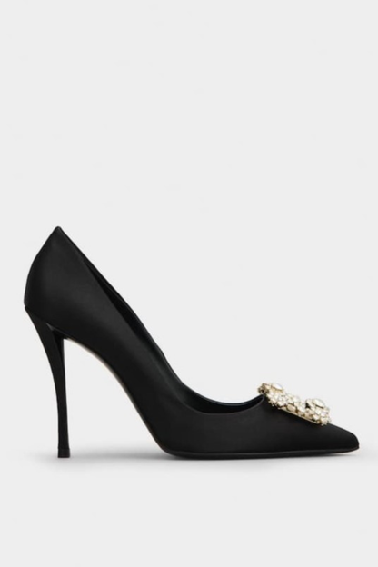 Jabez Rhinestone Buckle Satin Pumps - Black