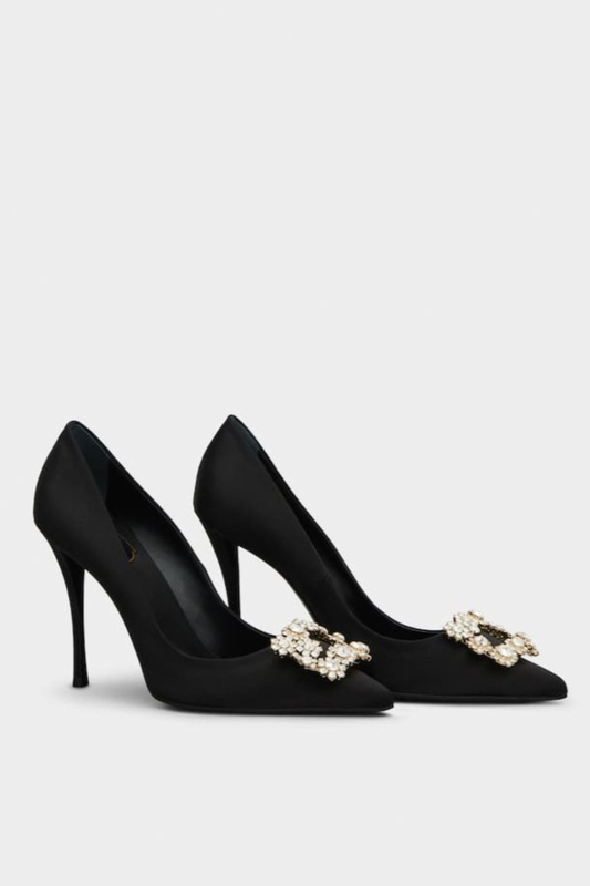 Jabez Rhinestone Buckle Satin Pumps - Black