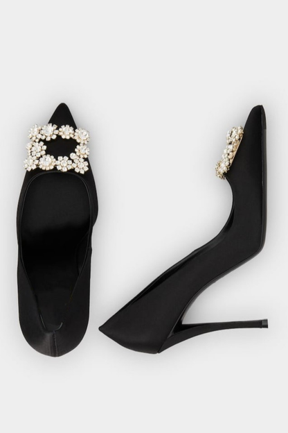 Jabez Rhinestone Buckle Satin Pumps - Black