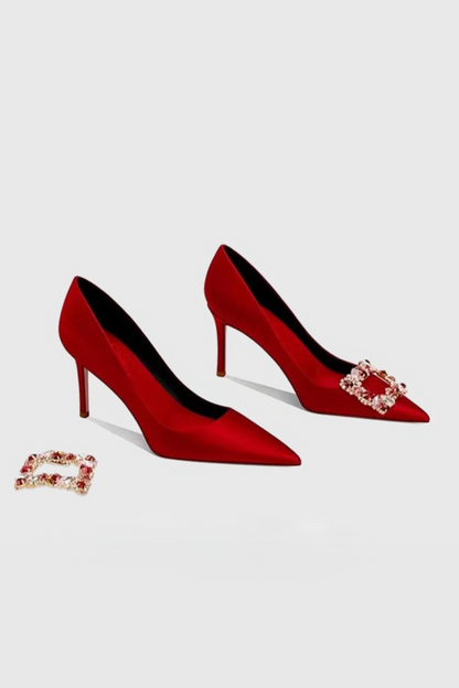 Jabez Rhinestone Buckle Satin Pumps - Red