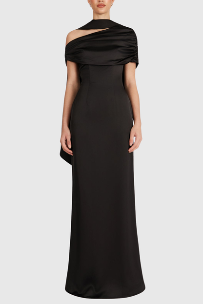 Jacinto Off Shoulder Pleated Satin Maxi Dress - Black