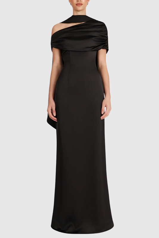 Jacinto Off Shoulder Pleated Satin Maxi Dress - Black