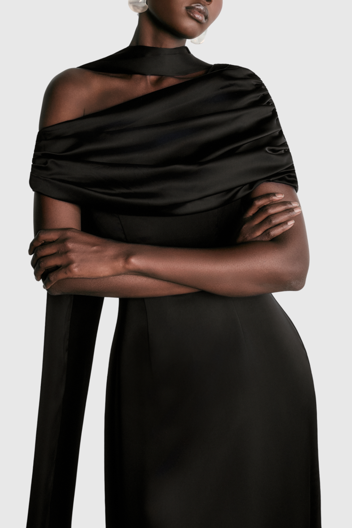 Jacinto Off Shoulder Pleated Satin Maxi Dress - Black