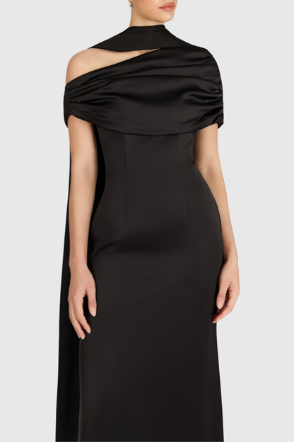 Jacinto Off Shoulder Pleated Satin Maxi Dress - Black