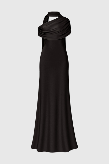 Jacinto Off Shoulder Pleated Satin Maxi Dress - Black