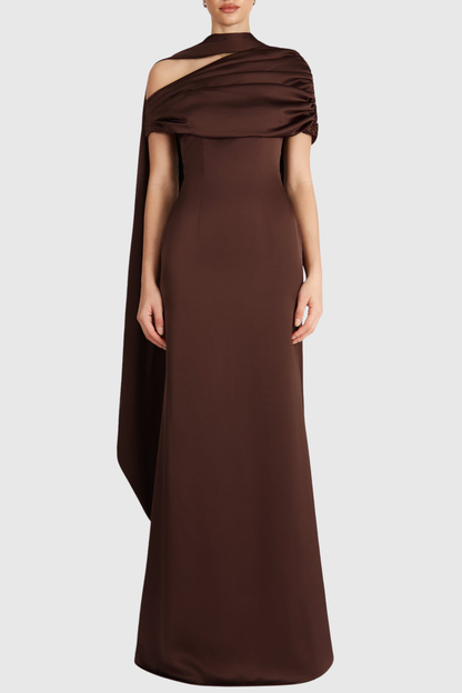 Jacinto Off Shoulder Pleated Satin Maxi Dress - Brown