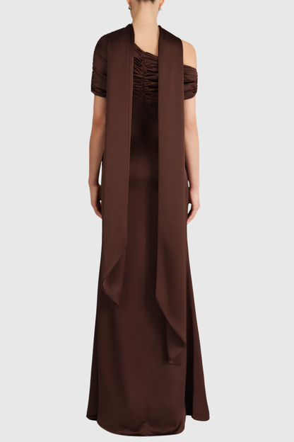Jacinto Off Shoulder Pleated Satin Maxi Dress - Brown