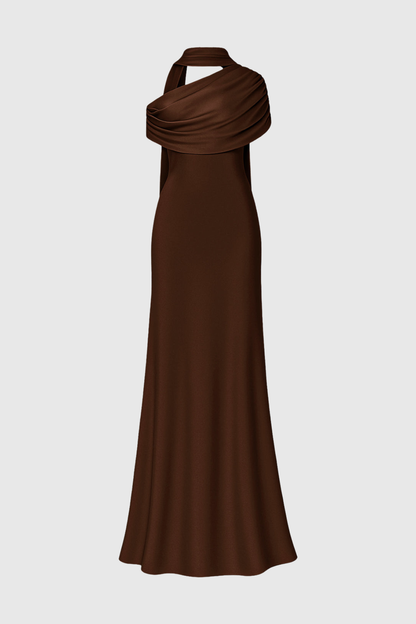 Jacinto Off Shoulder Pleated Satin Maxi Dress - Brown