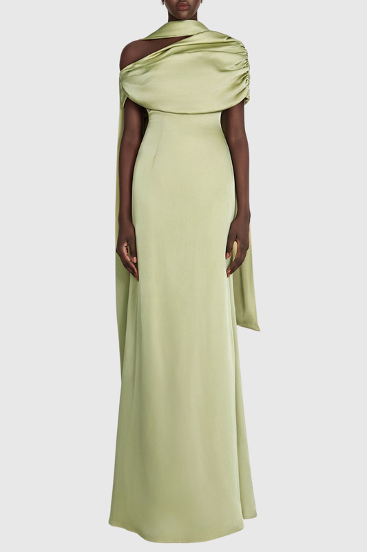 Jacinto Off Shoulder Pleated Satin Maxi Dress - Green