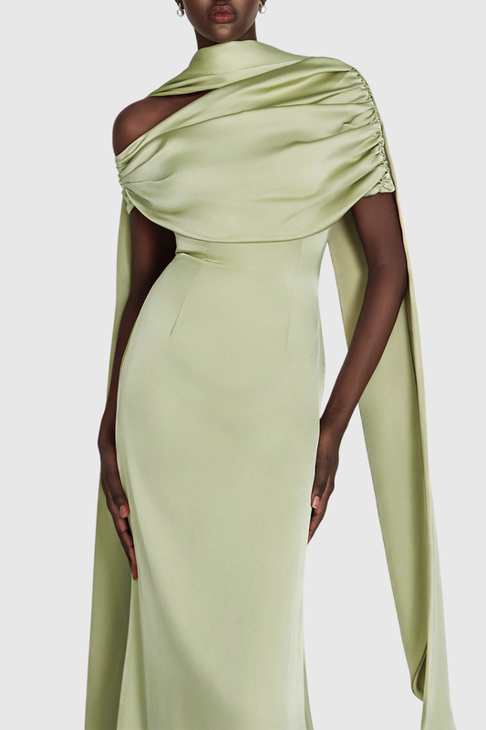 Jacinto Off Shoulder Pleated Satin Maxi Dress - Green