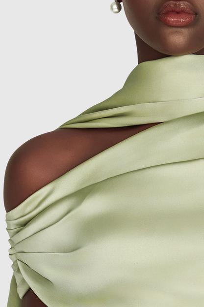 Jacinto Off Shoulder Pleated Satin Maxi Dress - Green
