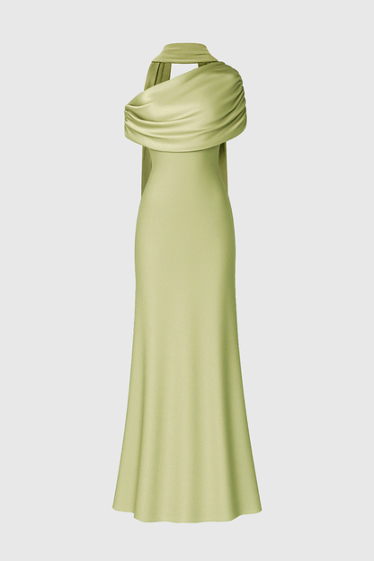 Jacinto Off Shoulder Pleated Satin Maxi Dress - Green