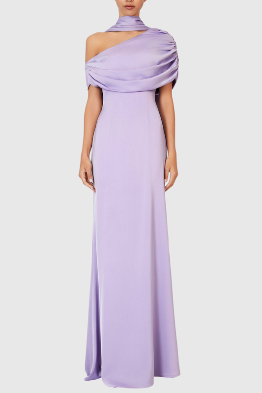 Jacinto Off Shoulder Pleated Satin Maxi Dress - Purple