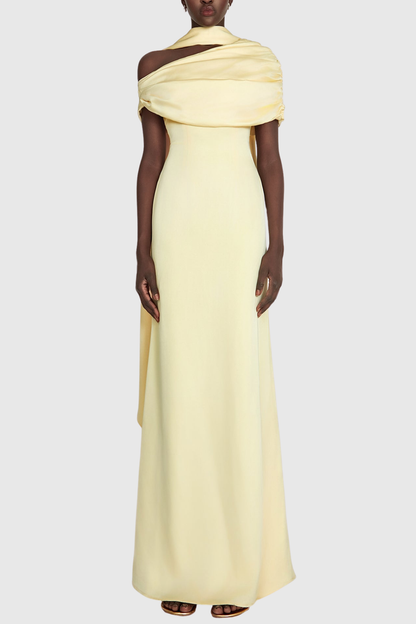 Jacinto Off Shoulder Pleated Satin Maxi Dress - Yellow