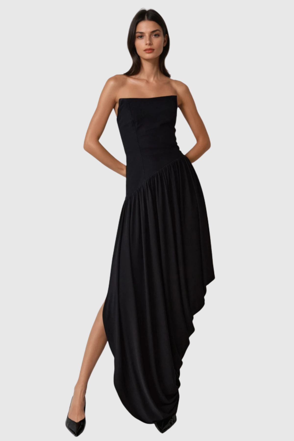 Jacopo Strapless Asymmetric Draped Maxi Dress - Black