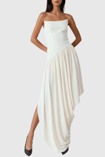 Jacopo Strapless Asymmetric Draped Maxi Dress - White