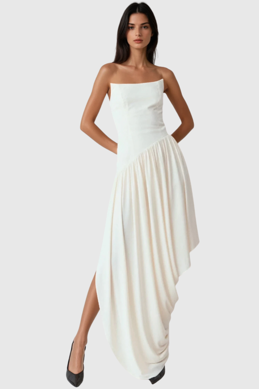 Jacopo Strapless Asymmetric Draped Maxi Dress - White