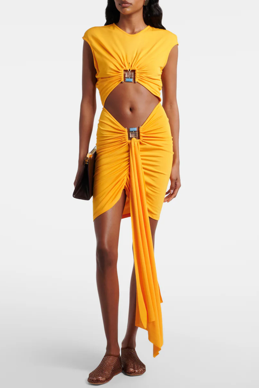Jadeca Cutout Embellished Ruched Mini Dress
