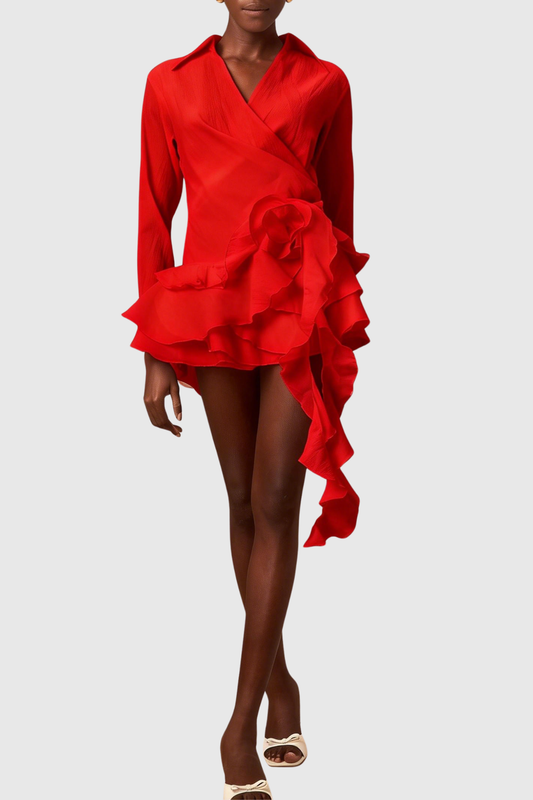 Jaela Floral Ruffle Mini Dress - Red