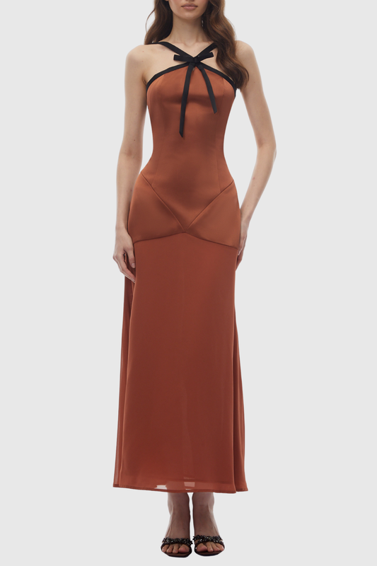 Jafna Halter Bow Satin Maxi Dress