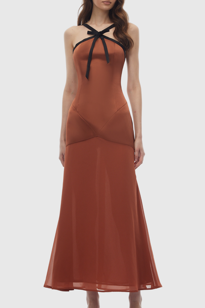 Jafna Halter Bow Satin Maxi Dress