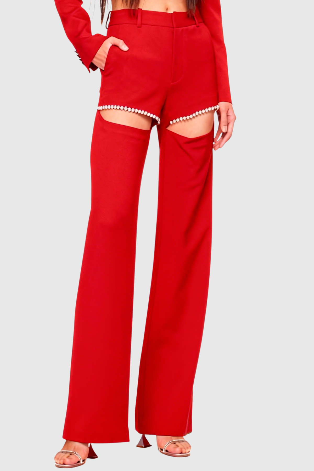 Jaime Cropped Crystal Embellished Blazer - Red