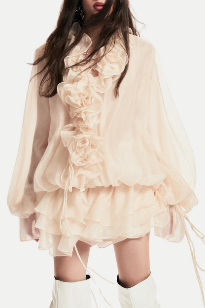 Jaketta Flower Ruffle Mini Dress - Beige