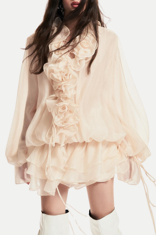 Jaketta Flower Ruffle Mini Dress - Beige