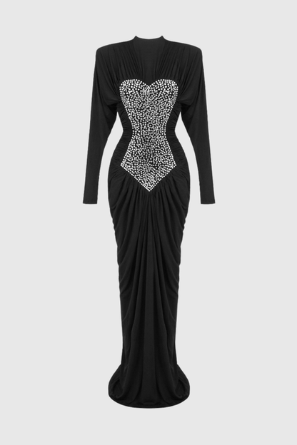 Jakobo Crystal Embellished Ruched Maxi Dress - Black
