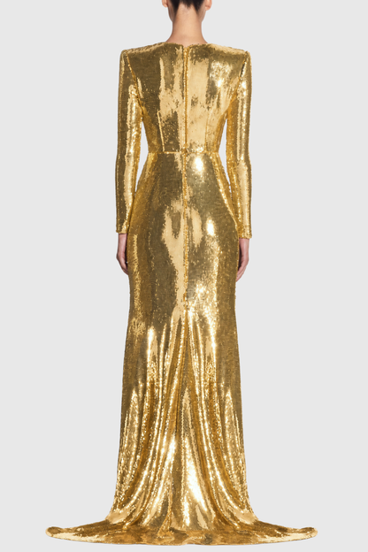 Jehua Sequin Mermaid Split Maxi Dress - Gold