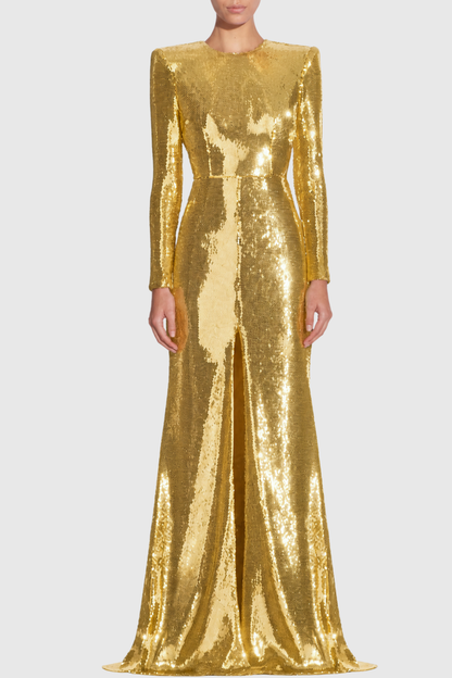 Jehua Sequin Mermaid Split Maxi Dress - Gold