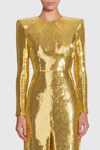 Jehua Sequin Mermaid Split Maxi Dress - Gold