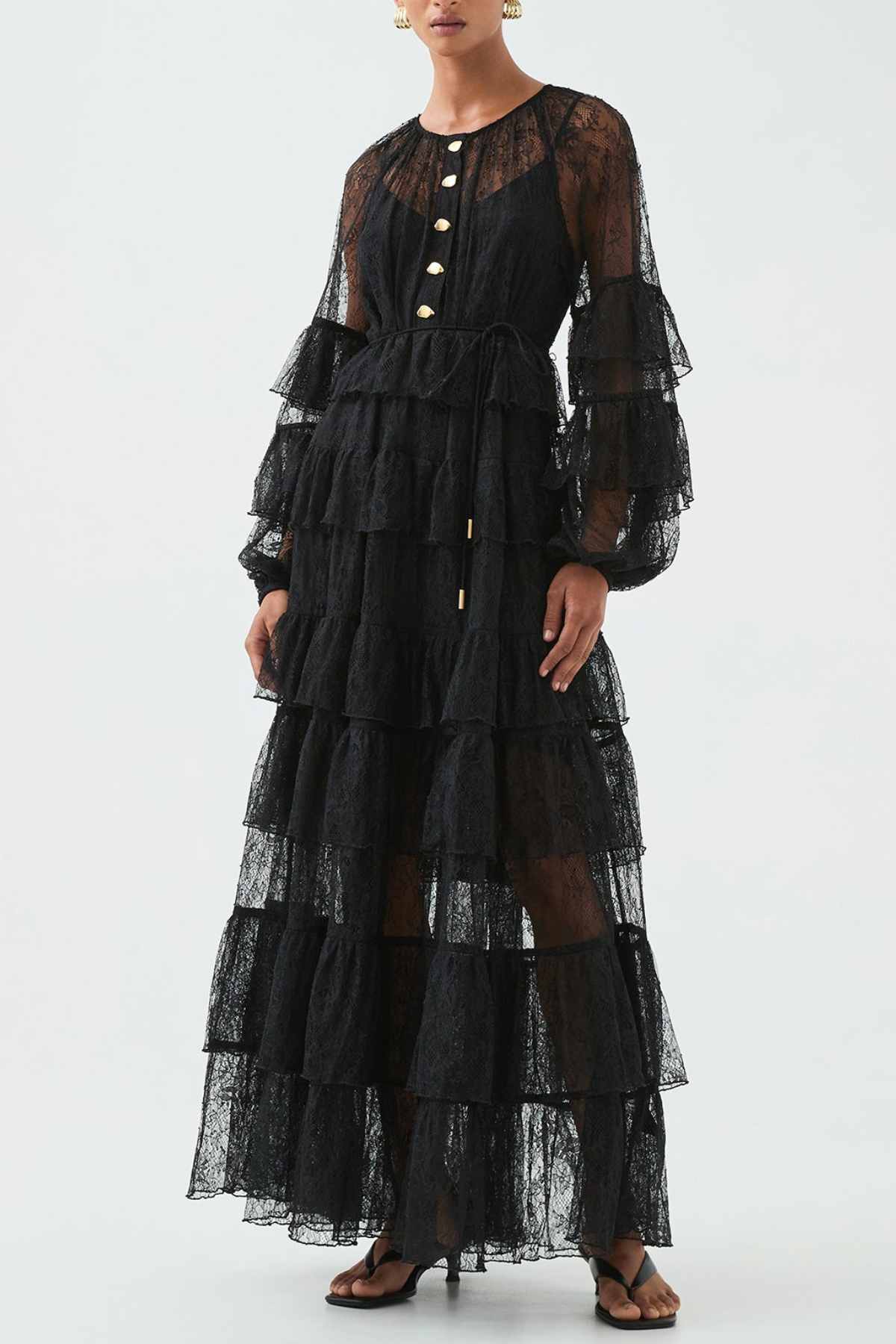 Jenfa Lace Ruffle Maxi Dress - Black