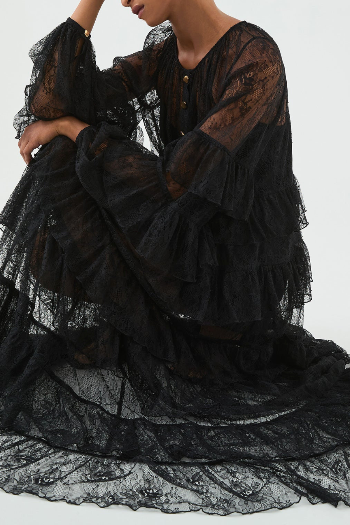 Jenfa Lace Ruffle Maxi Dress - Black