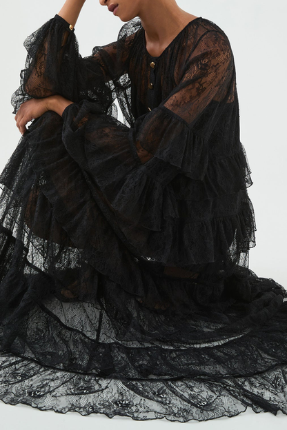Jenfa Lace Ruffle Maxi Dress - Black
